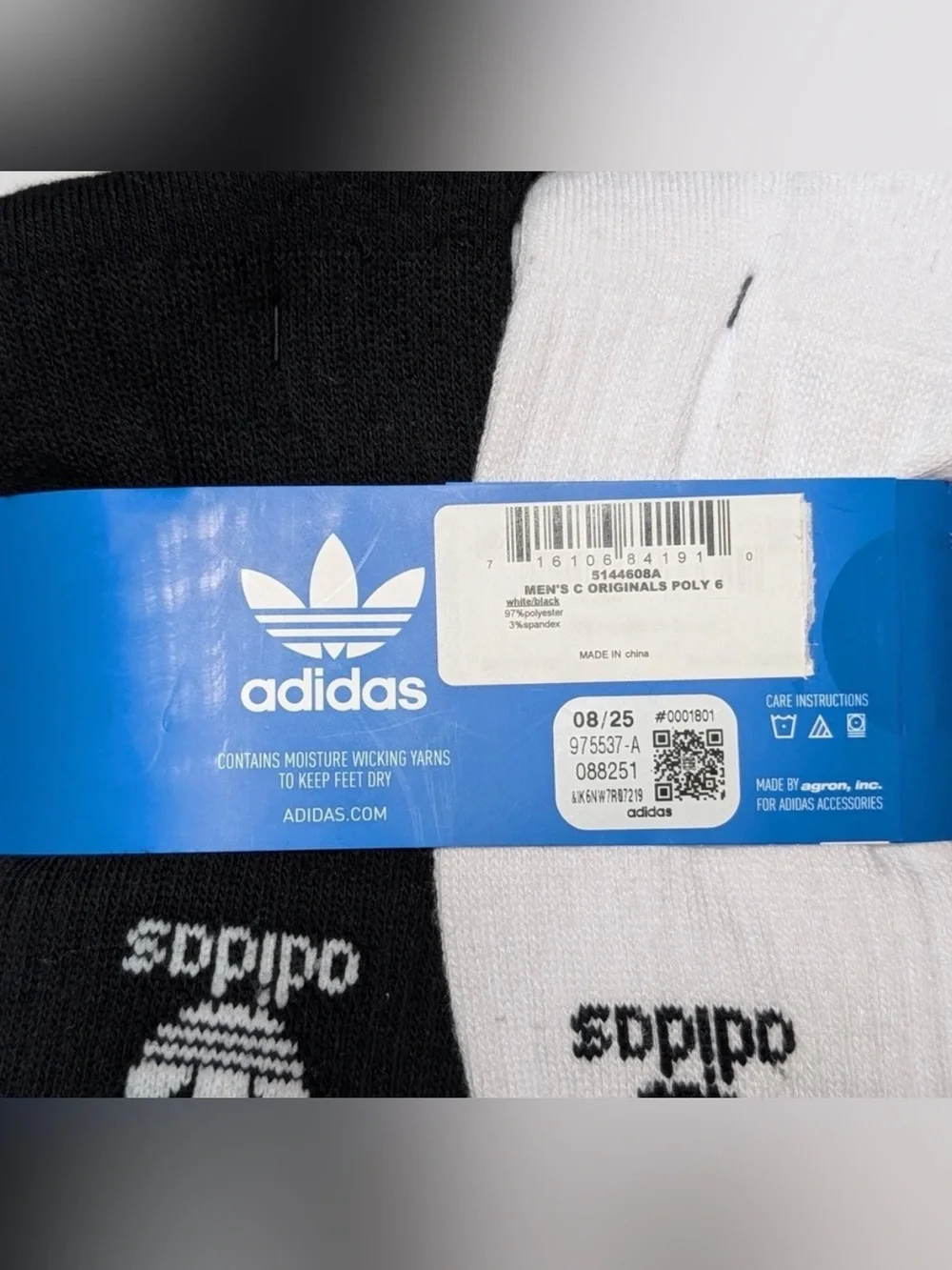 Size M Adidas Originals Trefoil Cushioned Crew Socks 6-Pack White/ Black